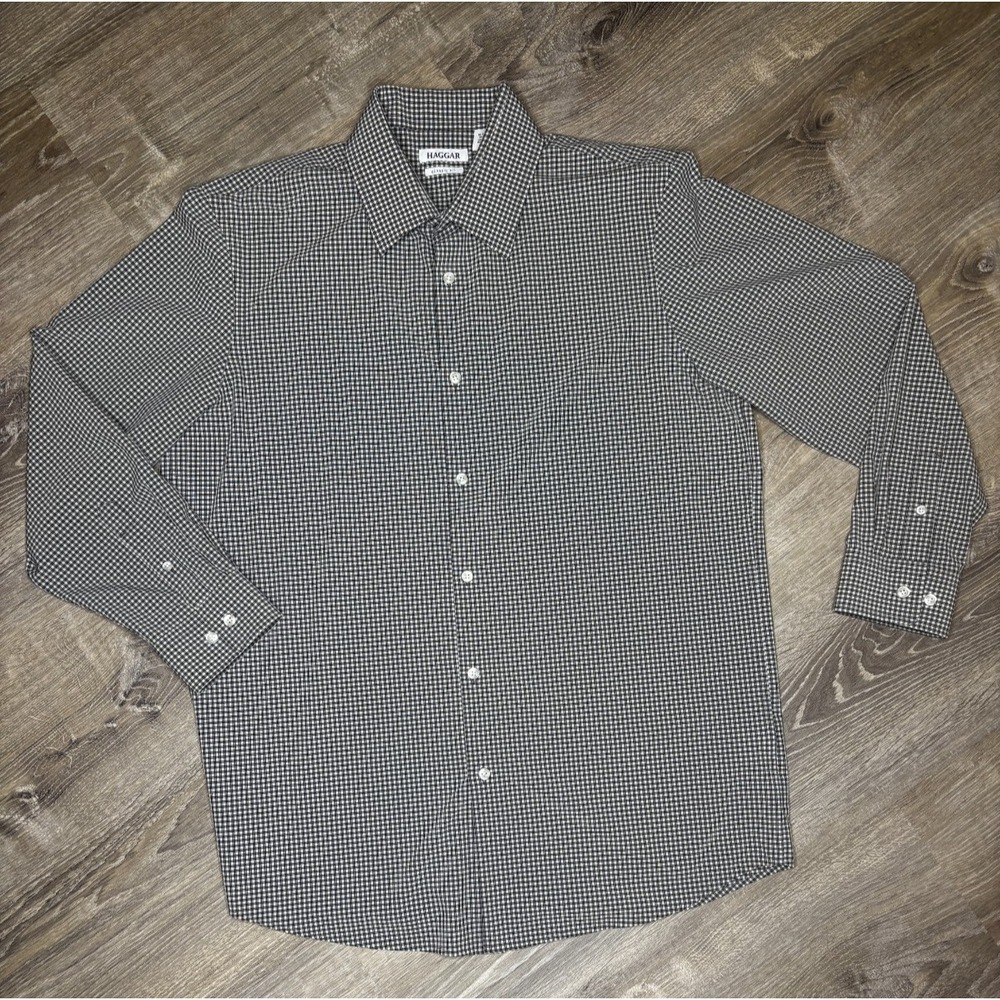 Haggar Men's Classic Fit Smart Wash‎ Dress Shirt Black Gingham Check Sz 16-16.5